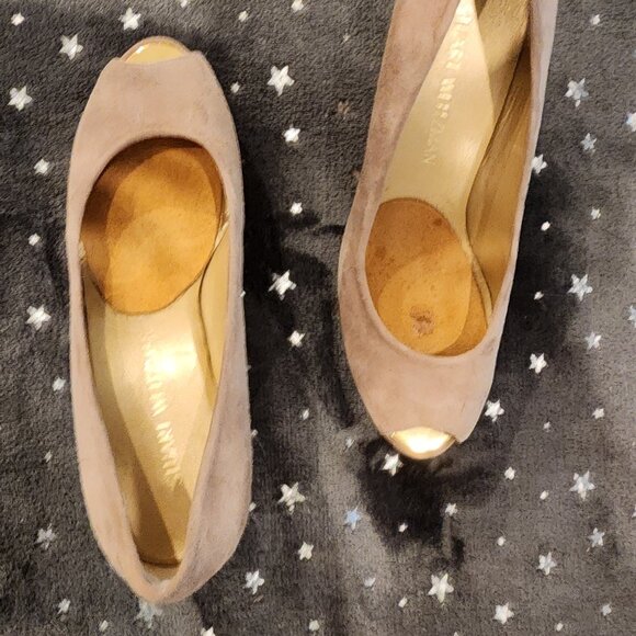 Stuart Weitzman Beige Suede Anna Cork Wedge Platform Peep Toe Pumps Size 9 - Picture 9 of 13